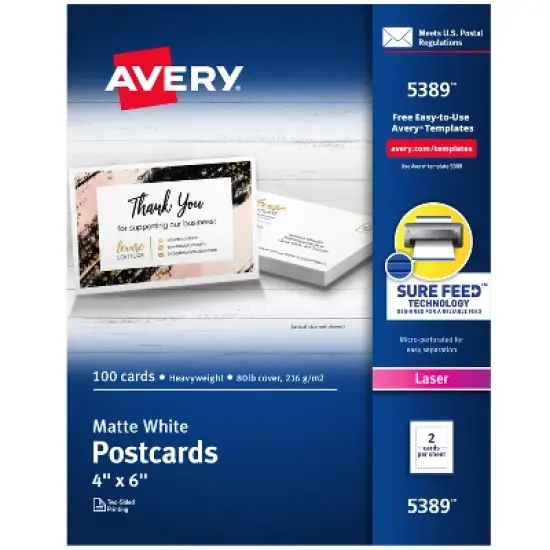 Avery Printable Postcards with Sure Feed Technology, 4" x 6", White, 100 Blank Postcards for Laser Printers (5389) image {9}