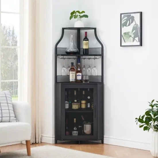Corner Wine Cabinet with Detachable Wine Rack, 5-Tier Industrial Corner Bar Cabinet with Barn Door and Glass Holder image {8}