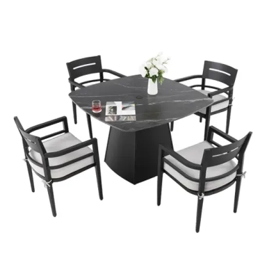 UNISOAR 5-Piece Outdoor Pedestal Dining Set, 1* Black Sintered StoneTop & 4 Chair, Rust-Free Aluminum, Weather-Resistant, for Patio or Deck image {10}