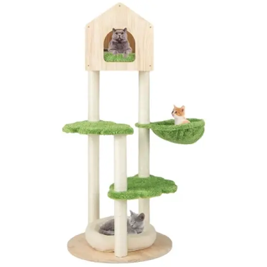 Tangkula Wooden Cat Tree 55" Tall Cat Climbing Stand w/ Sisal Scratching Posts Green image {9}