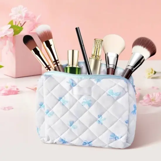 Large Quilted Makeup Bag Set, Cosmetic Bag for Women Girls, Cute Cotton Bow Pattern Travel Toiletry Organizer Bag 3 Set image {2}