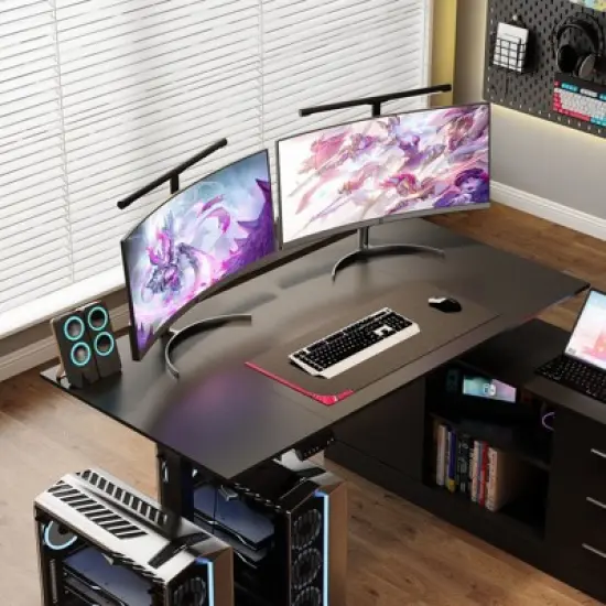 Famapy Gaming Height-Adjustable Desk with Storage & Electric Lift Top,Reversible Left-Right Study/Computer Desk,Sit-Stand Gaming Workstation image {4}