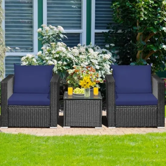 Tangkula 3PCS Rattan Patio Conversation Furniture Set Outdoor w/ Navy Cushions image {1}