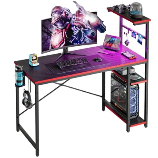 Bestier 44 inch Gaming Desk with RGB LED Light&ndash;Reversible 4-Tier Storage Shelves, Hooks, Cup holder and Magnets image {8}