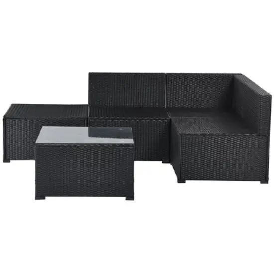 5pc Wicker Patio Sectional Seating Set with Cushions - Black/Blue - GODEER image {10}