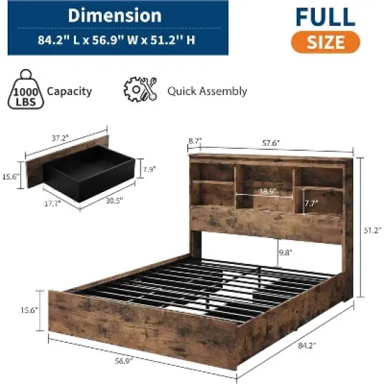 Bed Frame with 4 Storage Drawers and High Storage Bookcase Headboard, Built in Charging Station,No Box Spring Needed, Noise-Free, Easy Assembly image {1}