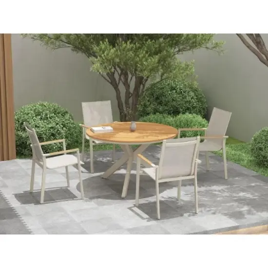 Round Planked Wood Top Outdoor Dining Set 4Piece Textured Mesh Chair Patio Furniture image {5}