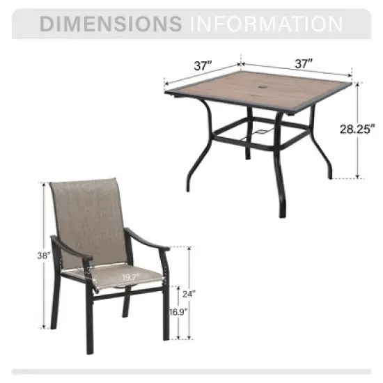 Captiva Designs 5pc Outdoor Dining Steel Table with Umbrella Hole & Brown Textilene Arm Chairs image {6}