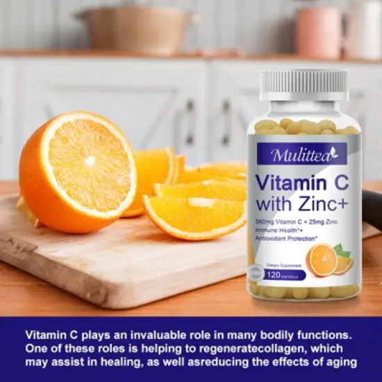 Mulittea 1000mg Vitamin C + 20mg Zinc for Immune Support, Antioxidant & Energy &ndash; 120 Capsules image {4}