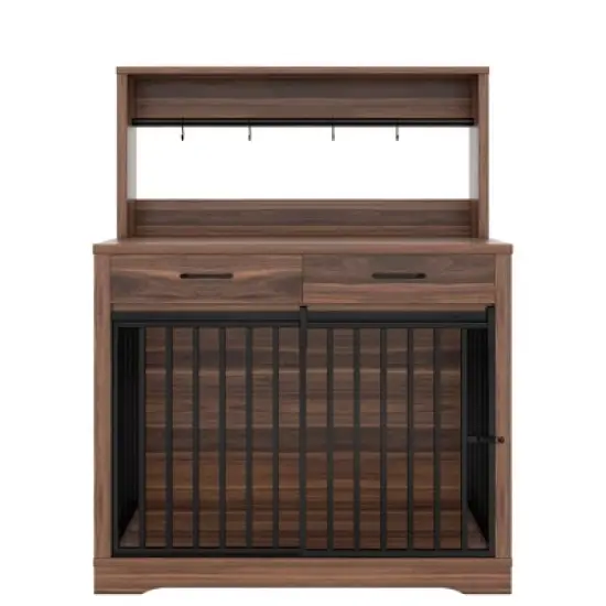 38in Dog Crate Furniture, Heavy Duty Dog Cage Table with 2 Storage Drawers and Shelves, Side End Table with Sliding Door for Dogs Indoor, Brown image {10}