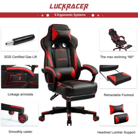 LUCKRACER Gaming Chair with Footrest High Back Computer Desk Chair Office Chair Red image {3}