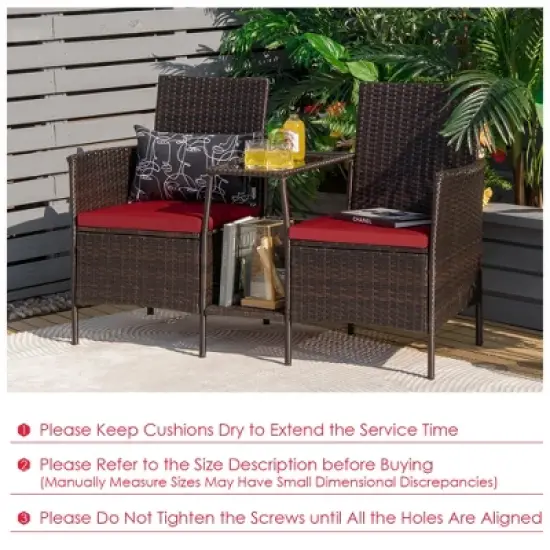 Costway Patio Rattan Wicker Conversation Set Sofa Cushioned Loveseat Glass Table image {5}