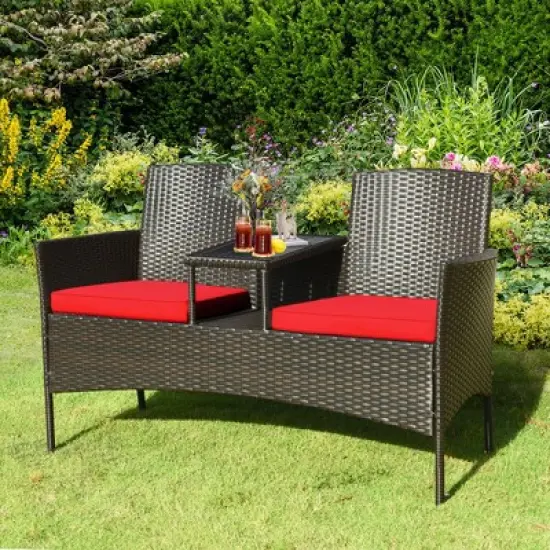 Tangkula Outdoor Patio Rattan Wicker Conversation Set Loveseat Sofa with Coffee Table image {5}