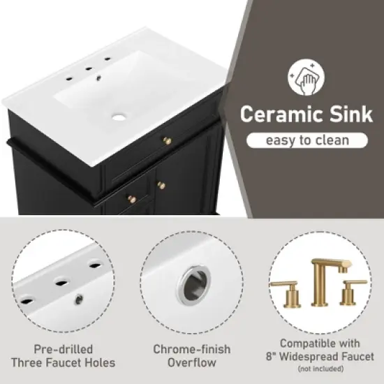 Christopher Knight Home Alonzo Modern 30" Bathroom Vanity with Ceramic Sink, One Shelf and Four Drawers image {3}