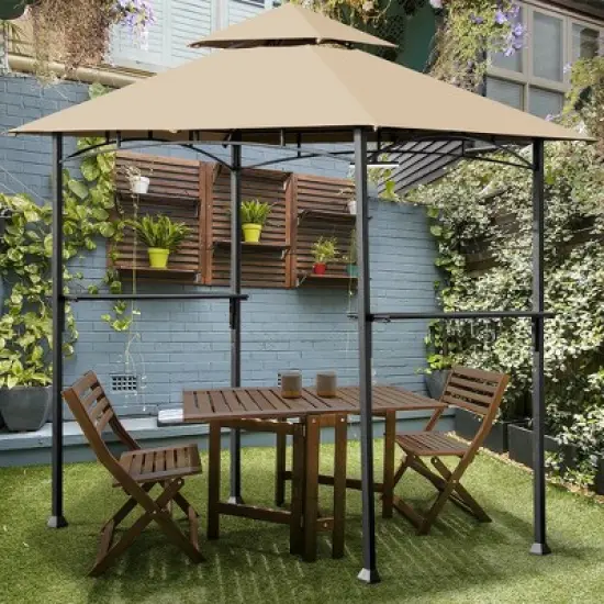 Costway 8' x 5' Outdoor Patio Barbecue Grill Gazebo w/ LED Lights 2-Tier Canopy Top Tan image {3}