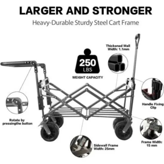 FURNIinspire Outdoor Serving Carts Collapsible Wagon Foldable with Removable Canopy Wheels for All-Terrain Brake for Camping, Gray, 35.4"*19.7"*44.5" image {4}