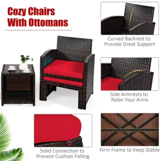 Costway 5PCS Patio Rattan Wicker Furniture Set Sofa Ottoman W/ Cushions Red image {5}