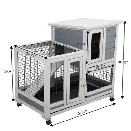 DOMETOUR Wooden Rabbit Hutch, Outdoor Pet Bunny House Wooden Cage with Ventilation Gridding Fence, Openable Door, Cleaning Tray, Gray image {5}