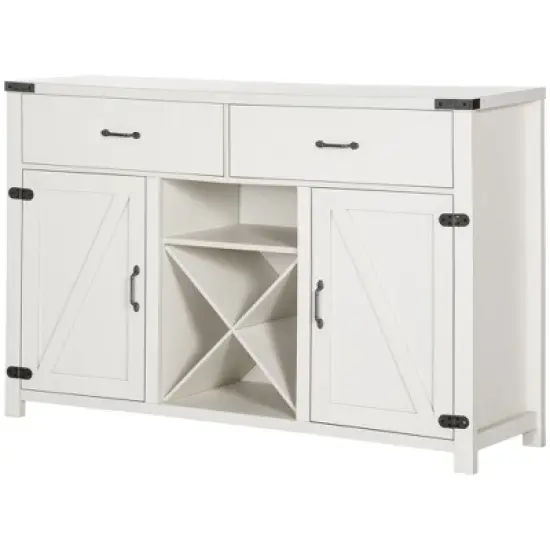 HOMCOM Wooden Farmhouse Sideboard, Storage Buffet Cabinet with 2 Large Drawers, X-Shaped Wine Rack, and Cabinets, Distressed White image {3}