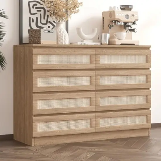 8 Drawer Double Dresser for Bedroom, Rattan Chest of Dressers, Modern Wooden Dresser Chest image {8}