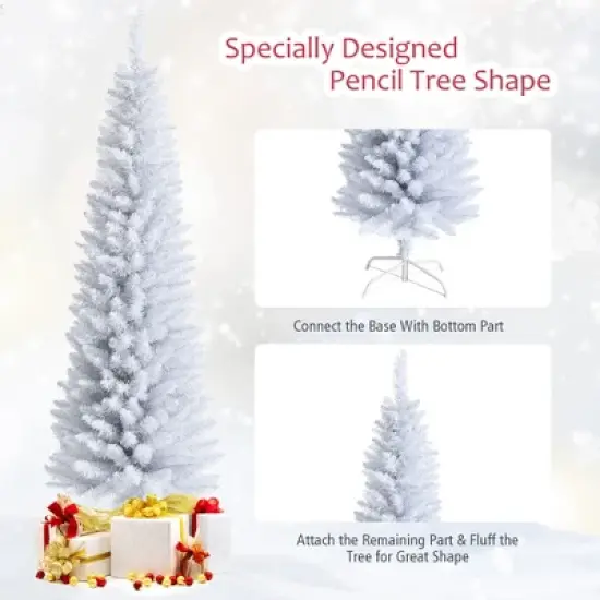 Costway 6ft Unlit Artificial Slim Pencil Christmas Tree with Metal Stand White image {9}