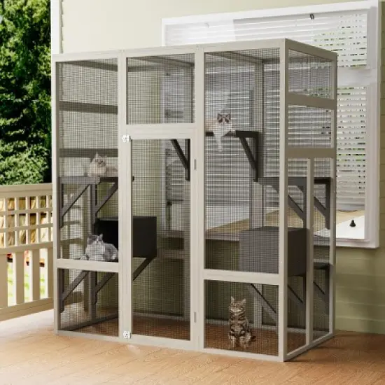 Akoasm 62.6 in. W Large Outdoor Wooden Cat House with 5 Platforms and 2 Resting Boxes-Gray image {1}