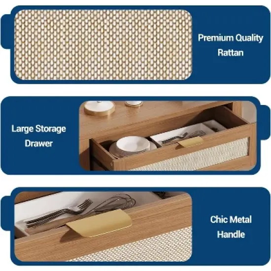 Sideboard Buffet Cabinet, Wooden Credenza Storage Cabinet with Adjustable Shelves, Drawers and Rattan Doors, Accent Buffet Console Table image {5}