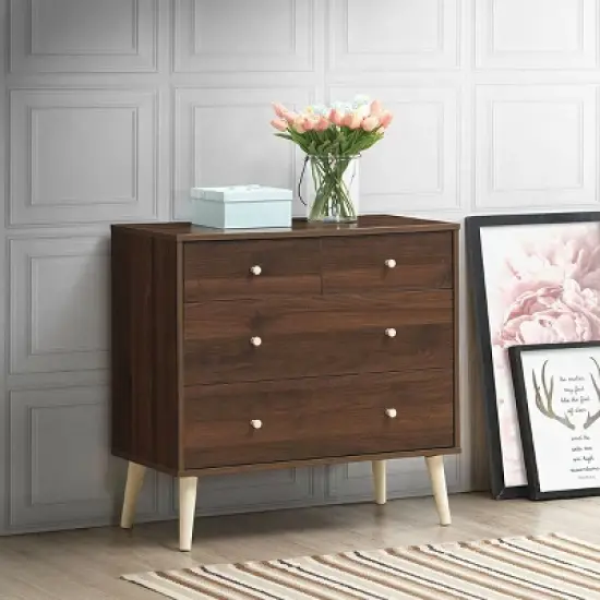 Costway 4-Drawer Dresser Chest Cabinet Storage Organizer Rubber Leg W/Rail Walnut Finish image {1}