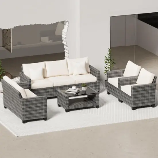 5-Piece Outdoor Patio Furniture Set with 7-Seating Capacity - All-Weather Wicker Sectional Sofa with Tempered Glass Coffee Table & Premium Cushions - image {8}