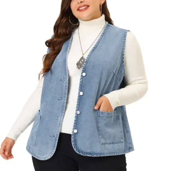 Agnes Orinda Women's Plus Size Sleeveless Denim Button Down V Neck Jean Vest image {5}