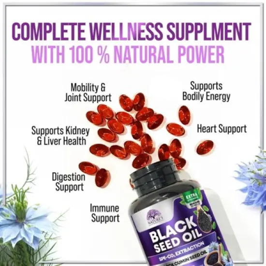 Black Seed Oil Capsules 1000mg, Skin Health & Immune 100% Blackseed Oil, Amazing Extraction Cold Pressed & Pure, 120 Softgels By Nature's Strength image {5}