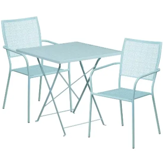 Emma and Oliver Commercial 28" Square Metal Folding Patio Table Set w/ 2 Square Back Chairs image {4}