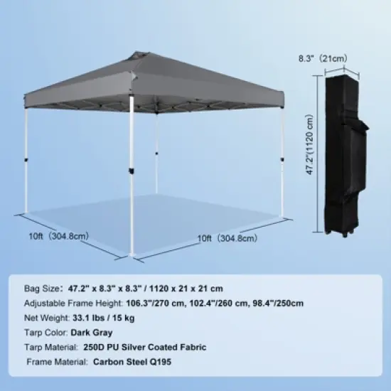 VEVOR Pop Up Canopy Tent, 10 x 10 ft, 250 D PU Silver Coated Tarp, with Portable Roller Bag and 4 Sandbags, Waterproof and Sun Shelter Gazebo image {7}