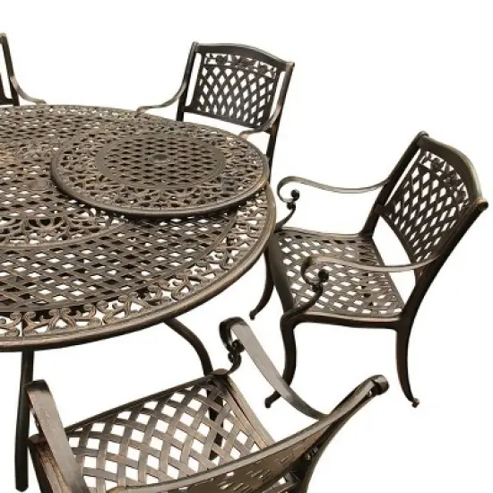 7pc Patio Dining Set with 59" Rose Ornate Traditional Mesh Lattice Aluminum Round Table with Lazy Susan - Bronze - Oakland Living image {1}