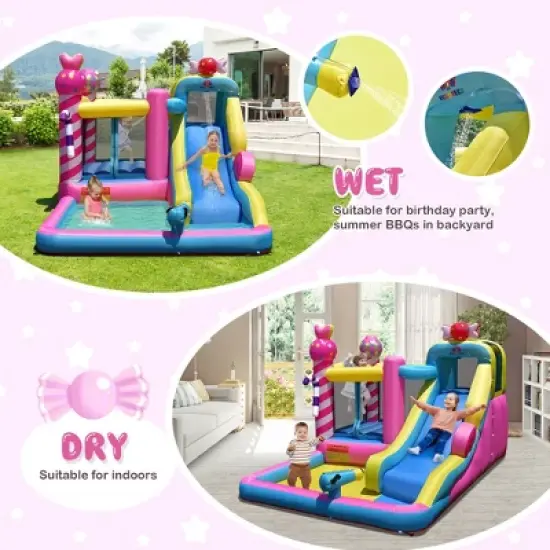 Costway Inflatable Bounce House Sweet Candy Bouncy Castle W/ Water Slide& 480W Blower image {2}