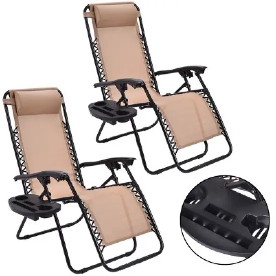 Costway 2PCS Zero Gravity Chairs Lounge Patio Folding Recliner Beige W/Cup Holder image {9}