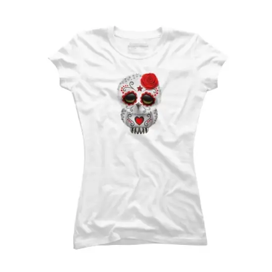 Junior's Design By Humans Cute Red Day of the Dead Sugar Skull Owl By jeffbartels T-Shirt image {6}