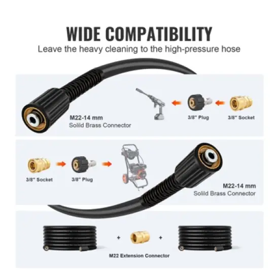 VEVOR Pressure Washer Hose, 50 FT, 1/4" Kink Free M22-14mm Brass Thread Replacement For Most Brand Pressure Washers, 3/4'' Bending Radius, Black image {2}