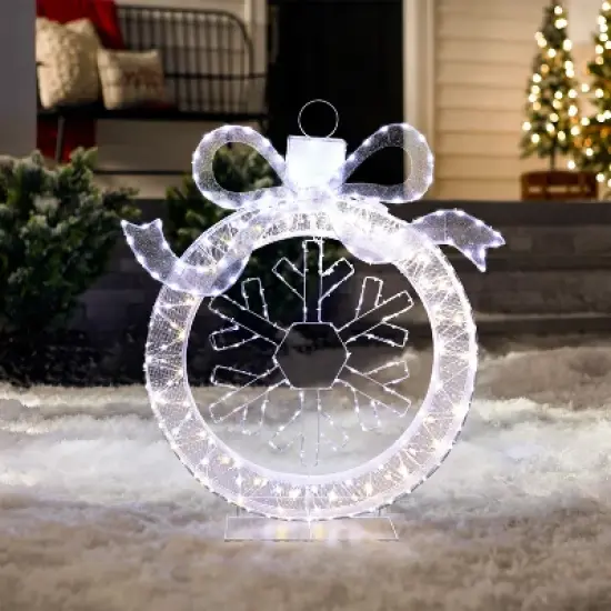 LuxenHome 3Ft Lighted Ornament & Snowflake Wreath, Silver & White Outdoor Christmas Decoration image {3}