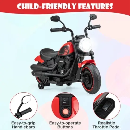 Costway 6V Kids Electric Motorcycle with Training Wheels LED Headlights Music Board Blue/Pink/Red image {9}