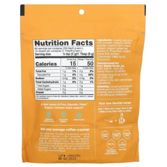 Four Sigmatic Think Organic Creamer, Dairy Free, Vanilla Coconut, 4.23 oz (120 g) image {1}