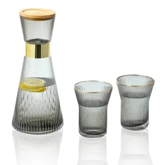 Slickblue Stylish Hand-Blown Clear/Grey Glass Carafe Set with Bamboo Lid, 34 oz Carafe and 2 Glasses image {5}