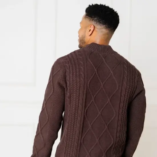 Hope & Henry Men's  Organic Mock Neck Cable Sweater, Chocolate Heather, Large image {2}