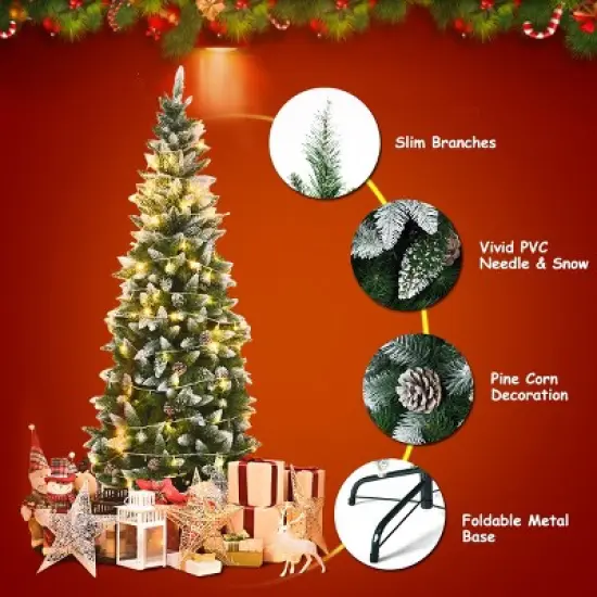 Costway 6ft Snow Flocked Unlit Pencil Christmas Tree Hinged Pine Cones image {7}