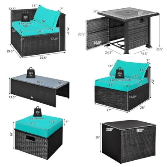 Tangkula 9PCS Furniture Set w/ 32" Fire Pit Table 50,000 BTU Square Propane Fire Pit Patio Turquoise image {6}