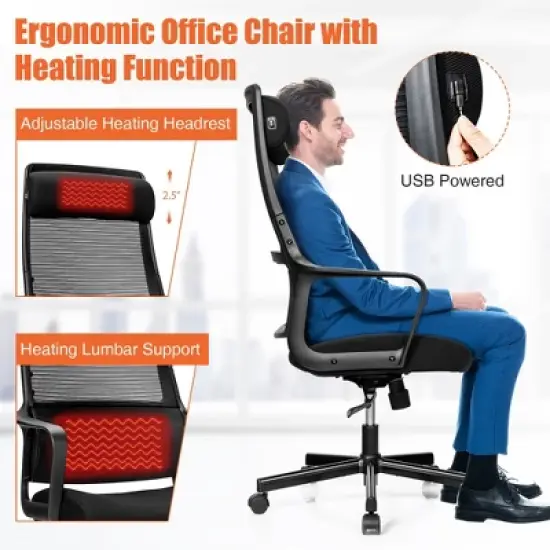 Costway Adjustable Mesh Office Task Chair Heating Lumbar Support Headrest Grey\Black image {5}