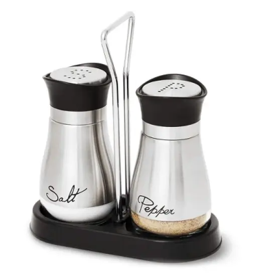 Juvale 3 Piece Salt and Pepper Shakers Set with Holder, Unique Stainless Steel and Glass Dispensers for Kitchen Accessories (4oz) image {6}