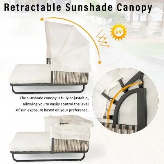 57" Outdoor Patio Daybed with Retractable Canopy Premium Rattan Sunbed  with Detachable Pillows for Patio, Backyard, Pool-- Frevyn image {3}