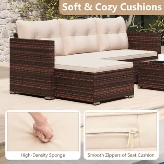 Costway 4 Seats Outdoor Wicker Furniture Set with Tempered Glass Coffee Table & Soft Cushions image {6}