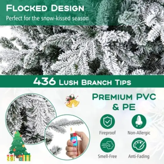 Costway 4.5/6/7 FT Flocked Christmas Tree with 8 Lighting Modes 160/260/350 Multi-Color LED Lights image {6}